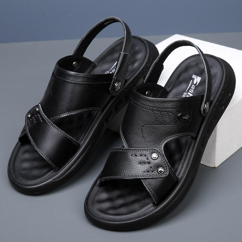 New Summer Genuine Leather Men Sandals Black Khaki Outdoor Casual Sandals Cowhide Beach Shoes Two Uses Men's Sandals Slippers