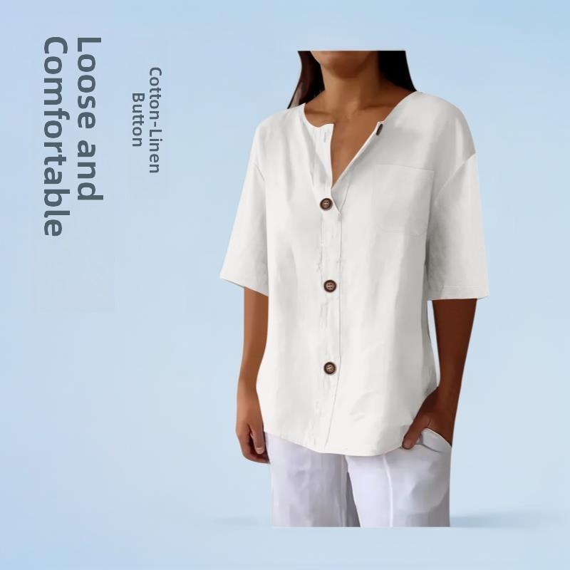 New Summer Women'S Loose V-Neck Short Sleeve Button Up Cotton Linen T-Shirt, Elegant Fashion Solid Color Casual Top