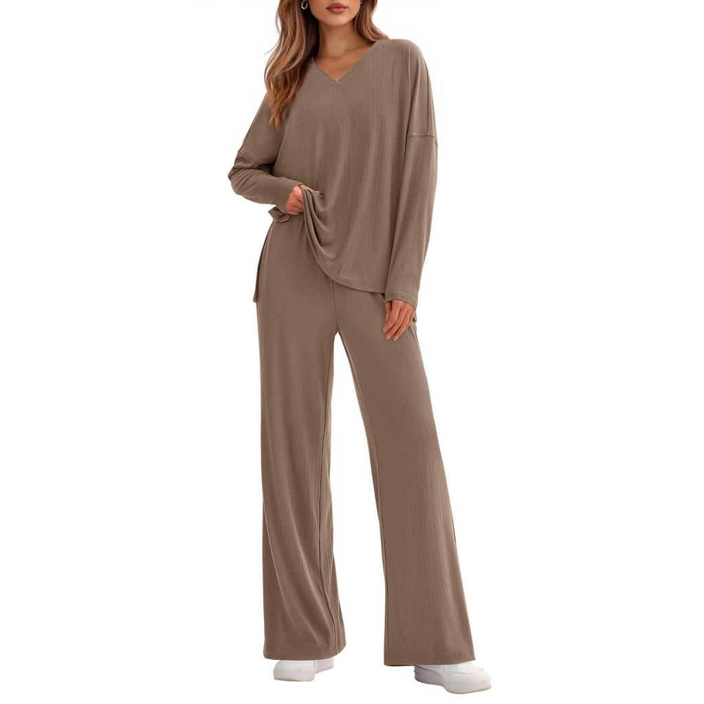 Fashionable Women's Two-Piece Cotton Casual V-Neck Long-Sleeved Loose Pants Set