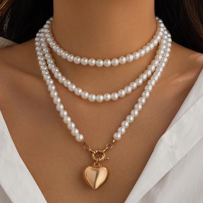 Fashionable And Versatile Vintage Necklace With Heart-shaped Pendant, Multi-layered Pearl Necklace For Women
