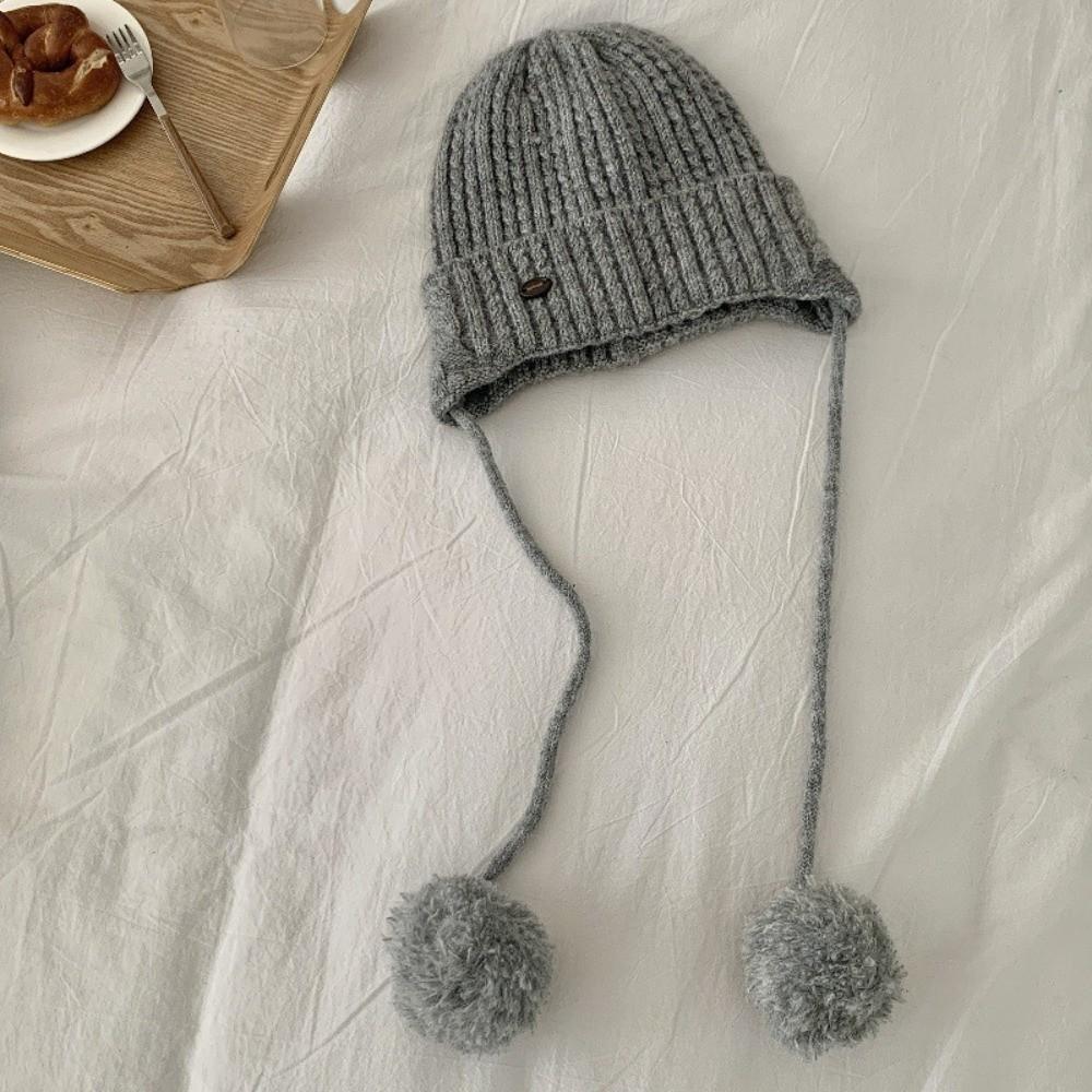 Windproof Y2k Knitted Cap Thick Beanie Hats Japanese Pom-pom Knit Cap  Outdoor