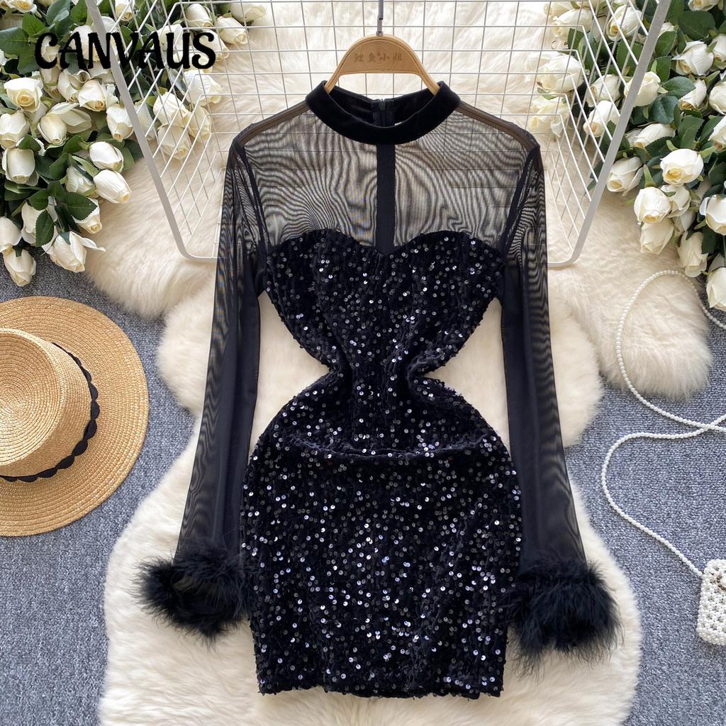 Moteriška šviesi prabangi tinklinio audinio suknele su blizgučiais Moteriška plona plona suknelė vakarienės vakarėliui