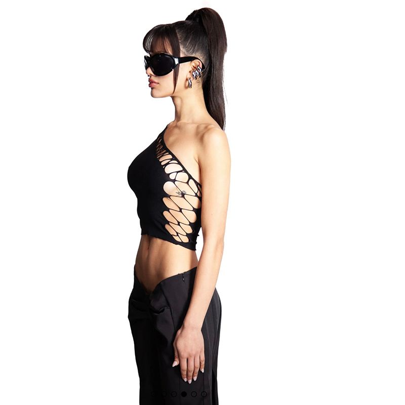 Kkx American Style Gyaru off-the-Shoulder Hollow-out Slim fit Top Street Sexy Short Navel One-Shoulder Oblique Collar Cami