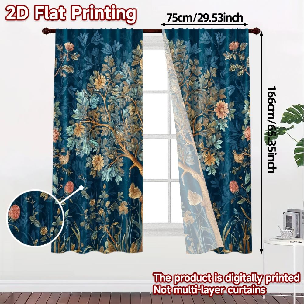 2pcs, 2D FLAT PRINTING Curtains (Without Rod) Floral Harmony(1) Popular Light Filtering Curtains Versatile Polyester Fabric