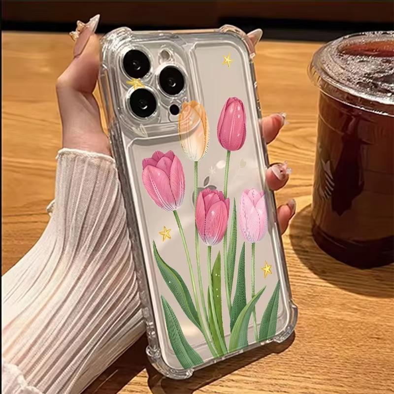Phone Case For iPhone 17 16 15 14 13 12 11 Pro Max XR XS X 15 16 Plus 17 Air Pink Tulips Rose Flower Pattern Transparent Cover