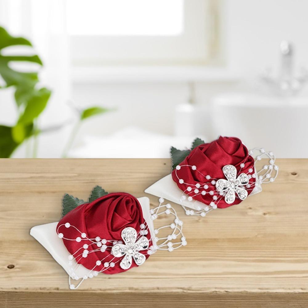 2pcs Rose Red Wrist Corsage Diamond Rose Bridal Wrist Flower Beautiful Wedding Corsage For Wedding