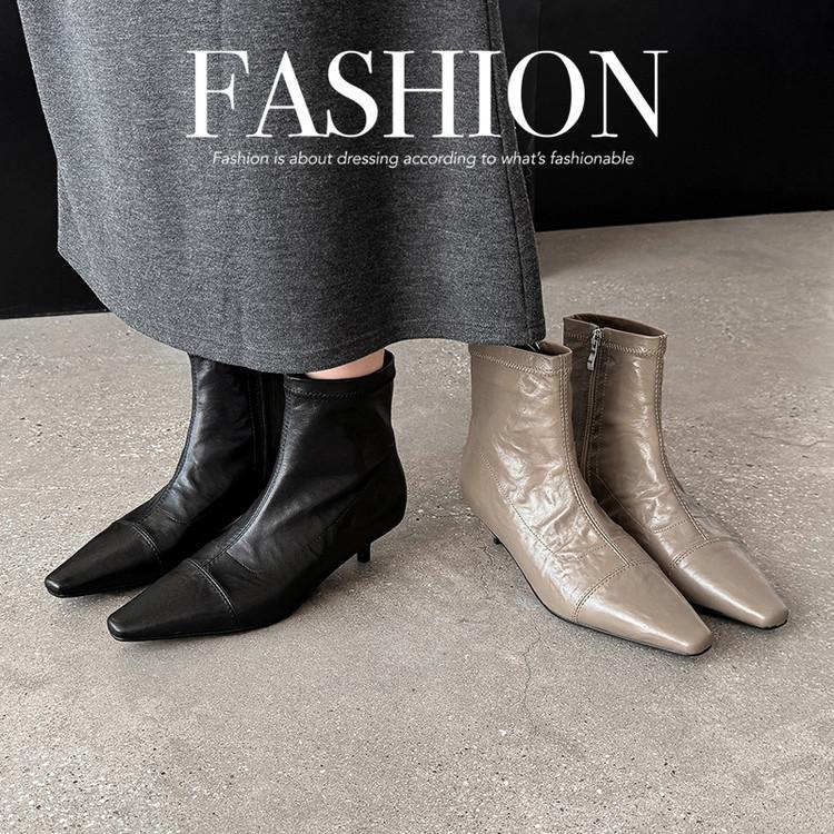 2025 inside and outside full leather small short boots thin heel square head side zipper sheepskin low heel short boots lamb fur boots tide