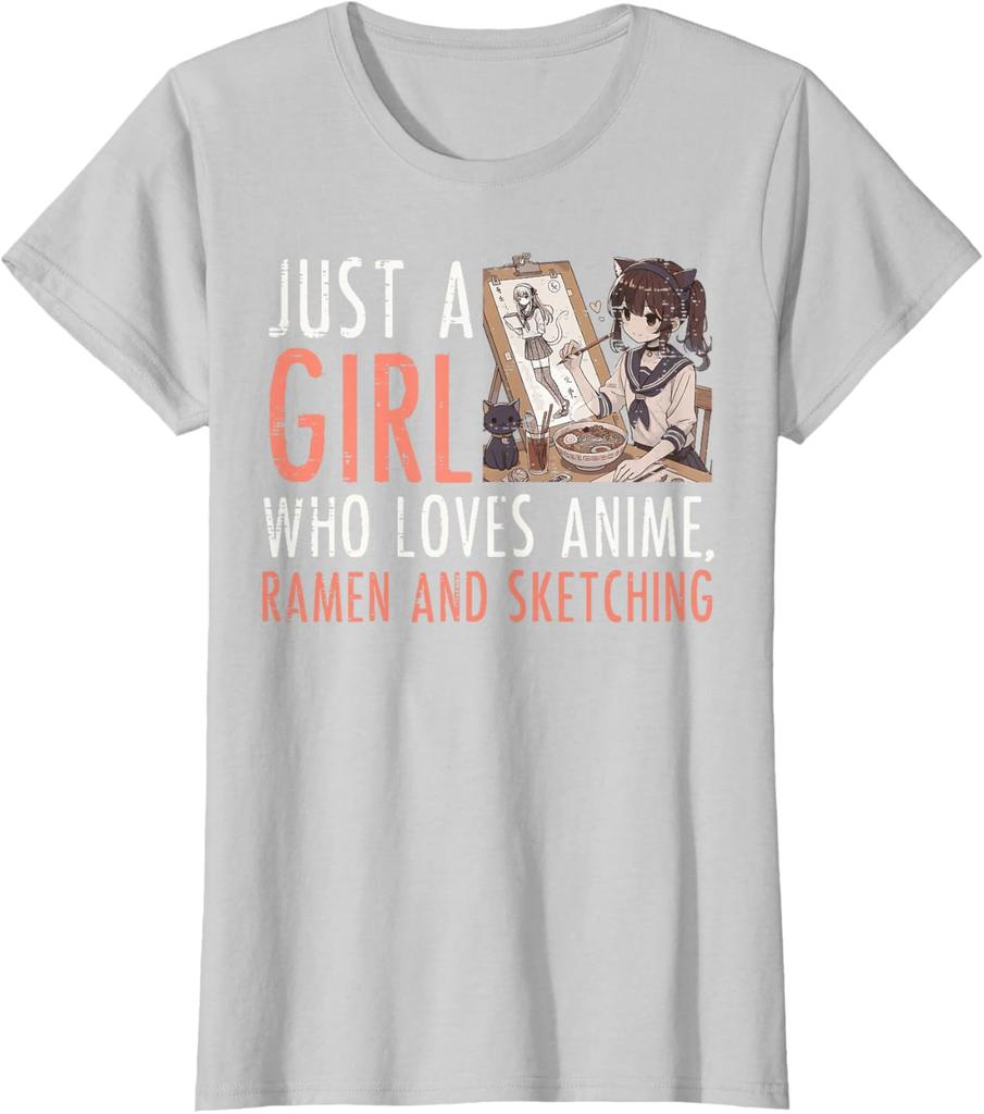Anime Ramen Sketching Girl Graphic Tee Kawaii Drawing Lover Casual TShirt for Women
