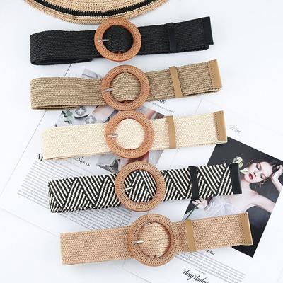 Fashion Women Straw Belt Casual Bohemian Wide Summer Braided Waistbelt Buckle Elastic Female Straw Waist Belt for Jeans Dresses