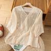 New Retro Embroidered Short-sleeved Shirt Women's Summer Diagonal Placket Button-up Shirt Cotton and Linen Top