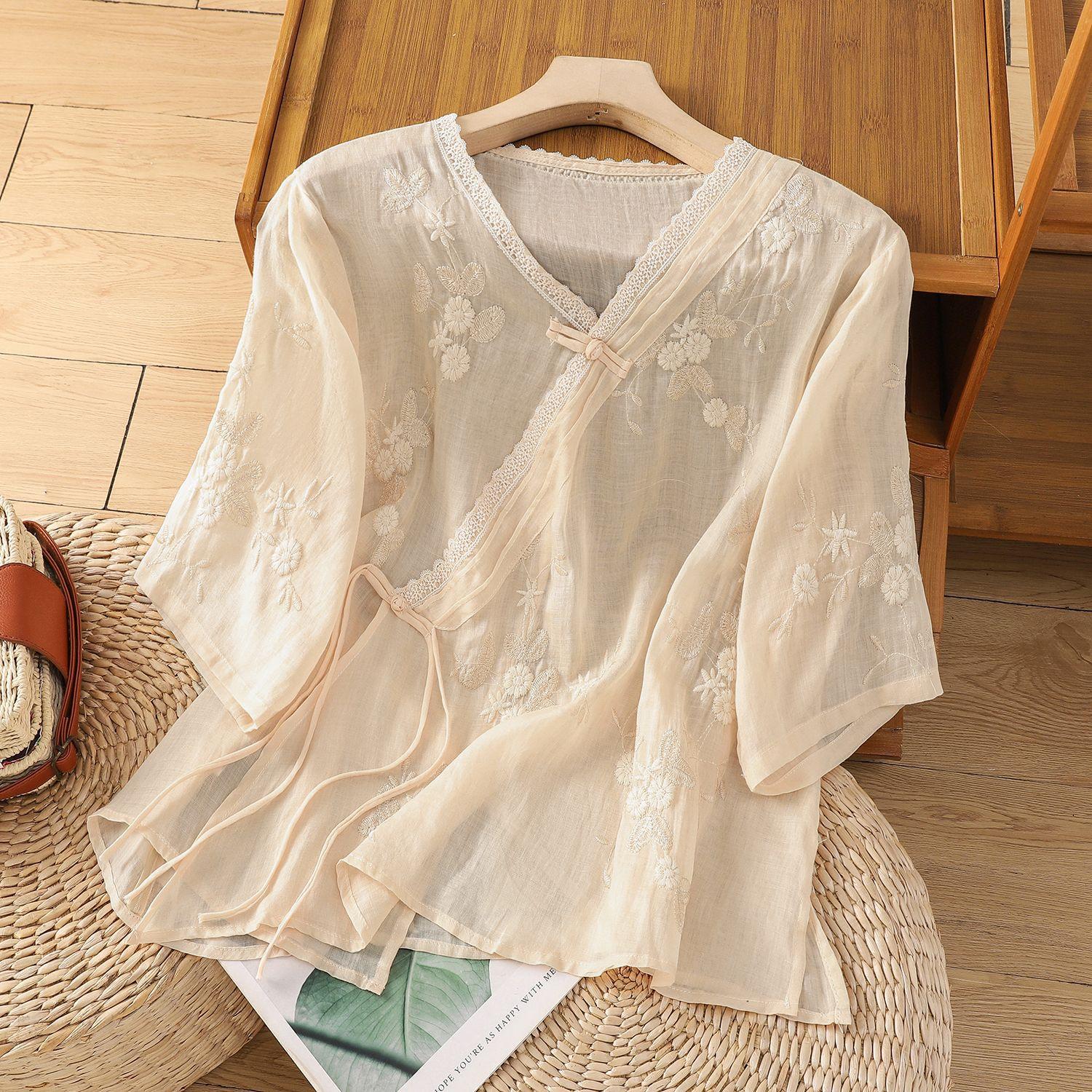 

Новая ретро вышитая рубашка с коротким рукавом женская летняя рубашка на пуговицах с диагональной планкой хлопково-льняной топ 3XL абрикосовый