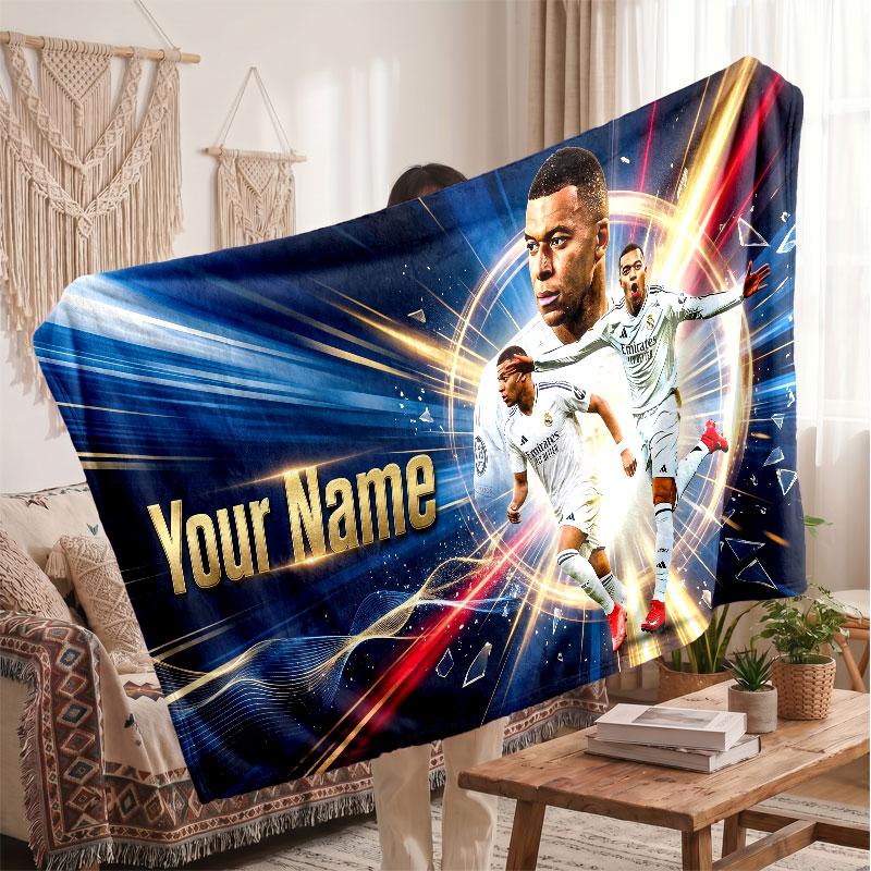Coperta Personalizzata in Pile Kylian Mbappe con Logo Calcio, Testo Nome Personalizzato Morbida Calda Coperta da Divano per la Casa