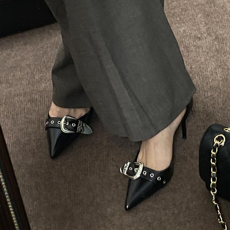 

2025 Черные туфли-лодочки для женщин, Новые туфли на тонком каблуке с металлической пряжкой, Сладкие и крутые текстурные женские туфли 35