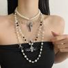 Elegant Rhinestone Pearl Cross Pendant Necklace Women Layering Friendly Delicate Chain Lightweight Luxury Choker Style