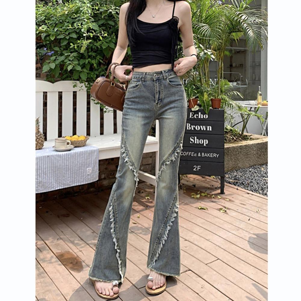 

Персонализированные потертости и слегка вытянутые джинсы женские весенне-осенние новые с высокой талией и тонкие универсальные джинсы-клеш XL