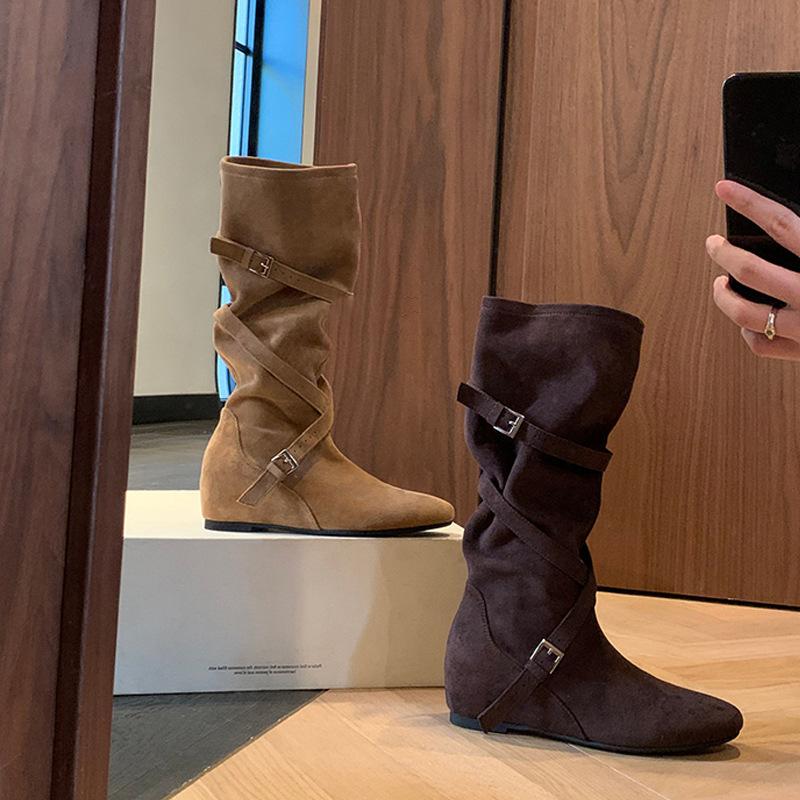 Inner heightening boots women's 2025 new autumn retro versatile stacking boots belt buckle slim tall knight boots