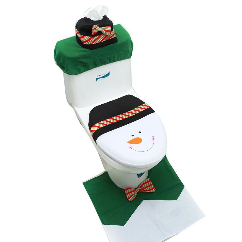 Christmas Themed Santa Claus Snowman Pattern Toilet Cover Three Piece Set For Holiday Bathroom Decor