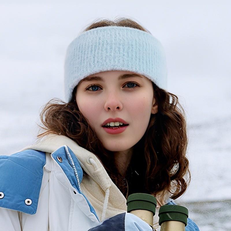 Winter Knitted Faux Mink Warm Ear-Protective Headband Women Stretch Wide Band Outdoor Cycling Sports