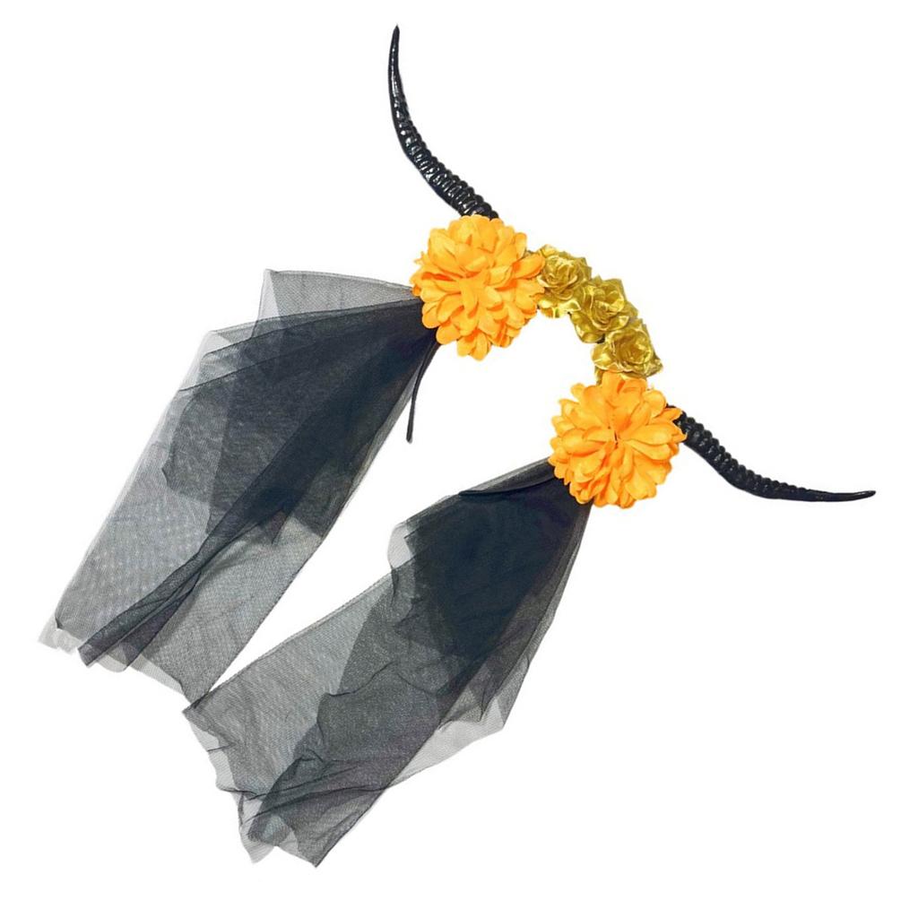 Devil Horn Flower Headband with Veil Cosplay Costume Hairband Dark Series Hairhoop Day of the Death Hairband for Women