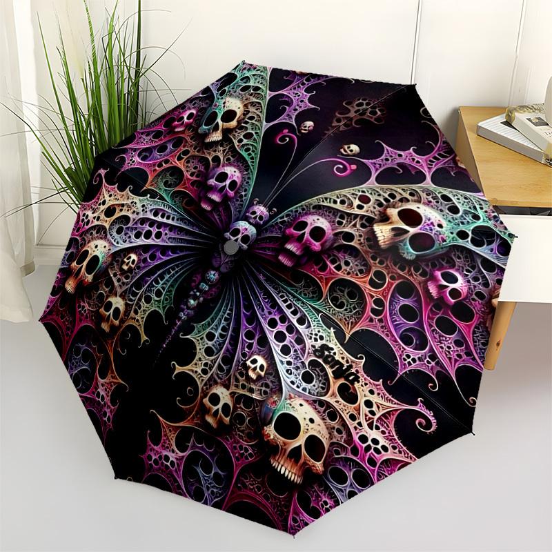 1pc Skull Butterfly Automatic Folding Umbrella, Lightweight Retractable Compact Travel Umbrella, 8-Rib Sturdy Frame039