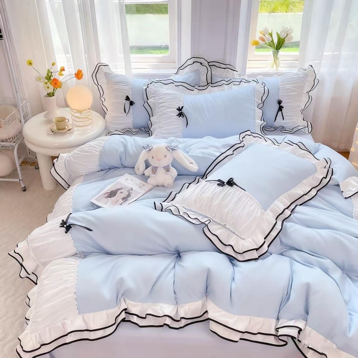 4-delige Blauwe Strik Dekbedovertrekset (1*Dekbedovertrek + 2*Kussensloop + 1Laken) Beddengoed Set, Zacht Comfortabel 135x200cm 4pcs blauw