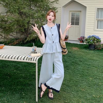 Casual Fashion Suit Women's Summer New Wear with Fungus Edge Splicing Vest Wide-leg Pants Two-piece Set