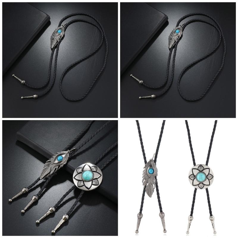2Pcs Cowboy Bolo Tie Necktie Vintage Leather Braided Rope Necklace with Metal Flower Stone Pendant Jewelry Shirt Chain
