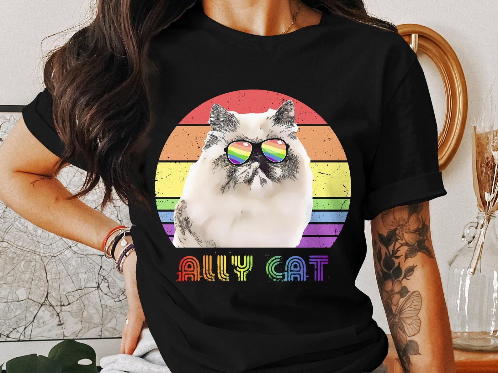 Rainbow Grumpy Cat T-Shirt, Funny Ally Cat Pride Tee, Colorful Sunglasses Cat, Unisex Cat Lover Graphic Shirt, Gift Ideas S