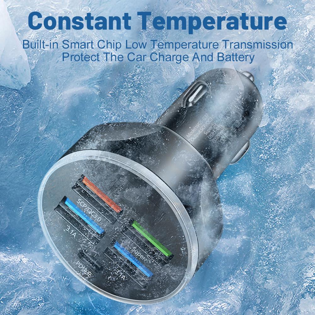 PD 5 in 1 QC3.0 Car Charger 12-24V Cellphone Adapter Digital display 4 USB Type C Fast Charging For iPhone Samsung Huawei Xiaomi