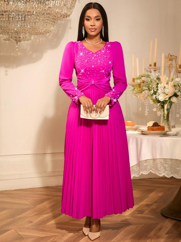

Розовые плиссированные платья с бисером, V-образным вырезом, длинными рукавами, высокой талией, А-силуэта, вечерние, коктейльные, длиной до щиколотки, приталенные и расклешенные платья XXL ярко-розовый