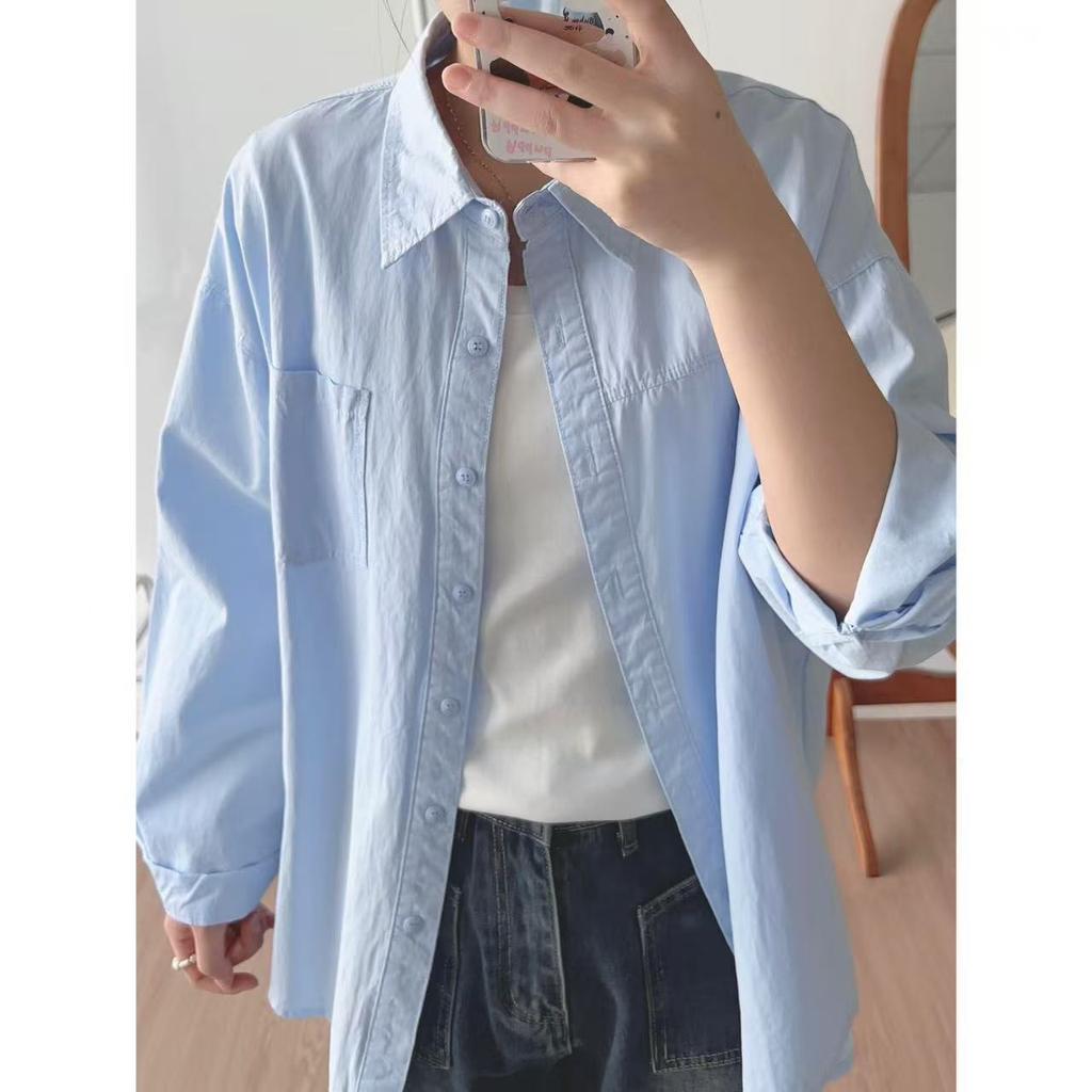 Women Spliced Solid Color Pocket Shirts Korean Loose Lapel Female Long Sleeved Blouses Summer Sun Protection Woman's Cardigan Top