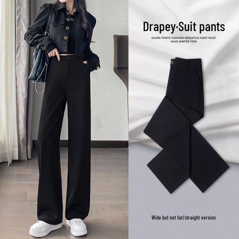 

Petite High-Waisted Black Fleece-Lined Straight-Leg Pants for Women - New Autumn/Winter Style with Drape Effect. S [Recommended for 43-49 kg]
