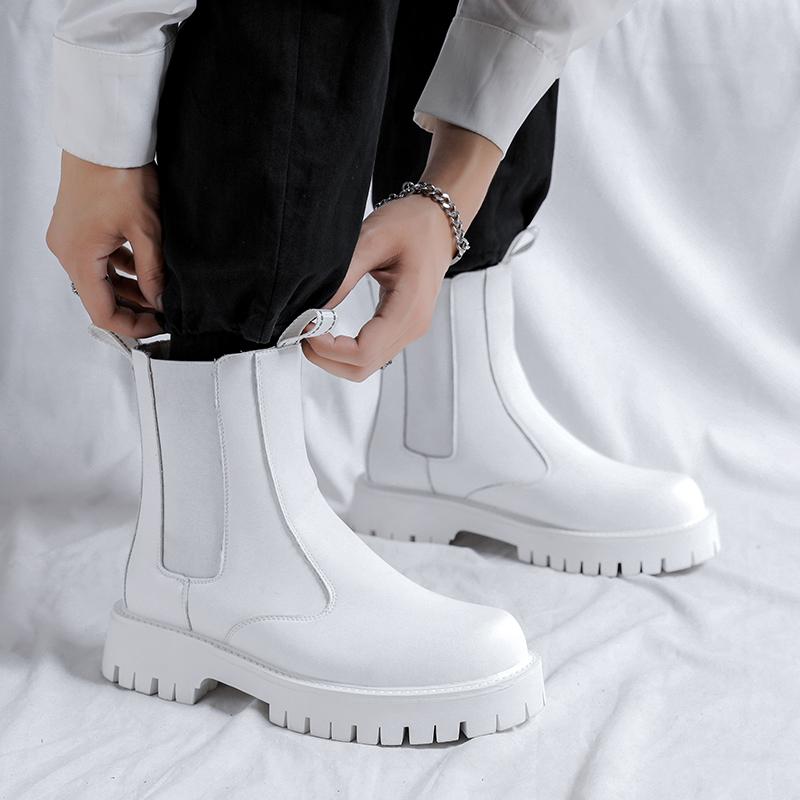 Fashion Men's Fashion Stage Nightclub Dress Chelsea Boots Black White Genuine Leather Shoes High Top Platform Boot Long Botas Masculinas