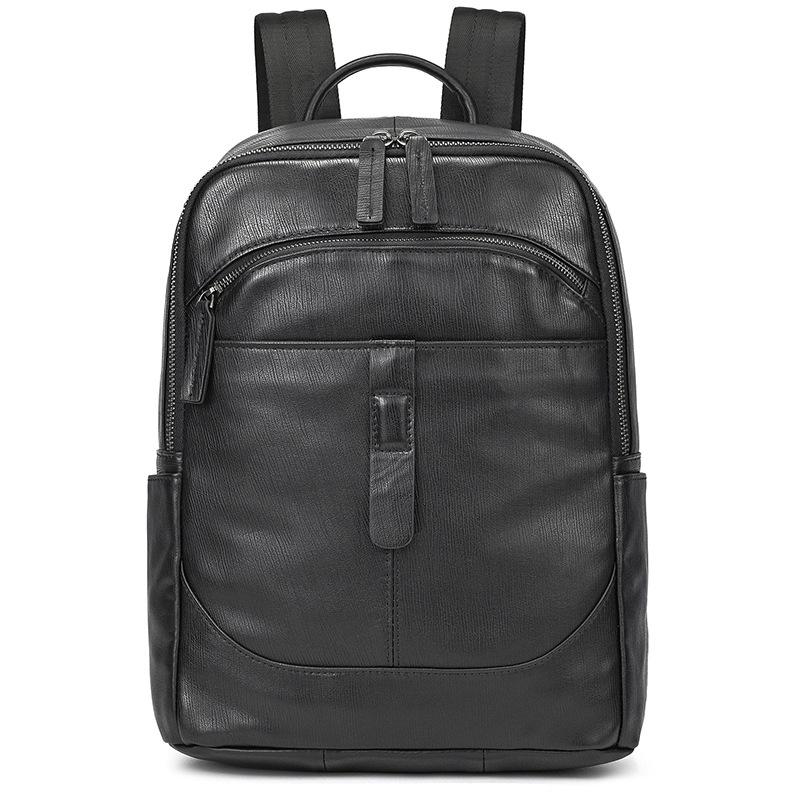 Simple Men'S Leather Backpack Men'S Cowhide 14-Inch Schoolbag Going Out For Travel Commuter Black Backpack