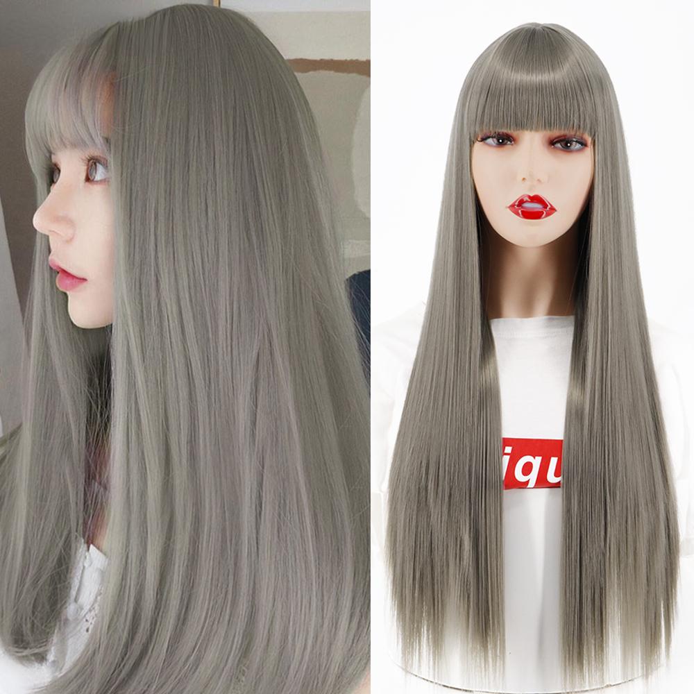 MERISIHAIR Brown Long Straight Wig with Blunt Bangs Synthetic Heat Resistant Fiber Wig for Women Daily Wear