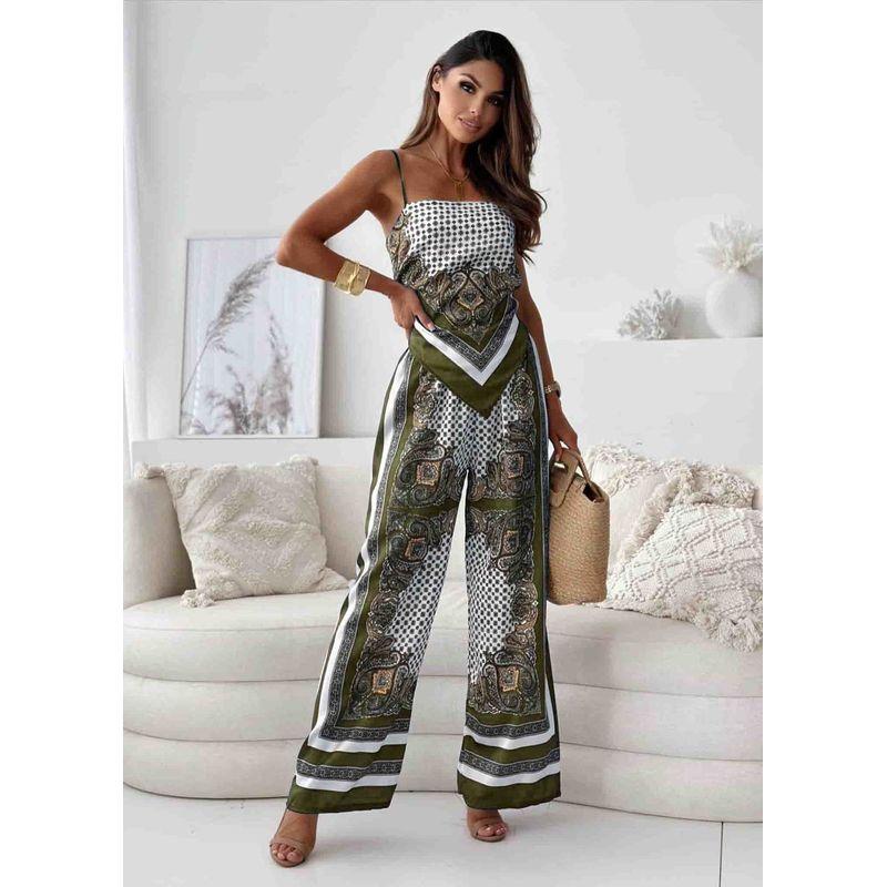 

Summer European and American off-Neck Sexy Backless Print Sling Wrap-around Elastic Waist Positioning Flower Trousers Two-piece Suit Women Green M