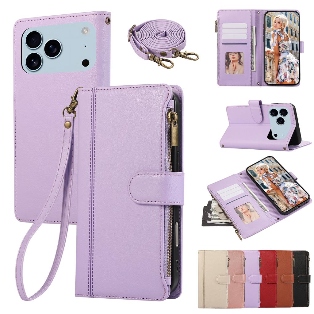 Crossbody Phone Case for iPhone 17 Pro Max Air 16E 16 Plus 15 Pro 14 13 Mini 12 11 Lanyard Zipper PU Leather Card Holder Wallet
