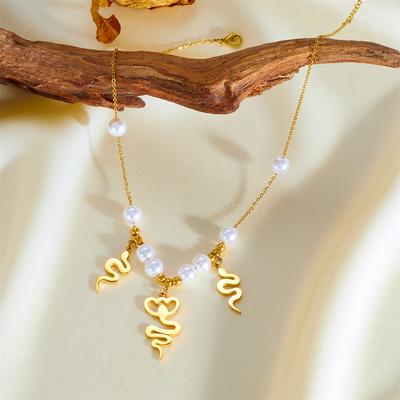 Snake Pendant Pearl Temperament Collarbone Chain Fashion Niche Women Stainless Steel Gold Non-fading Necklace