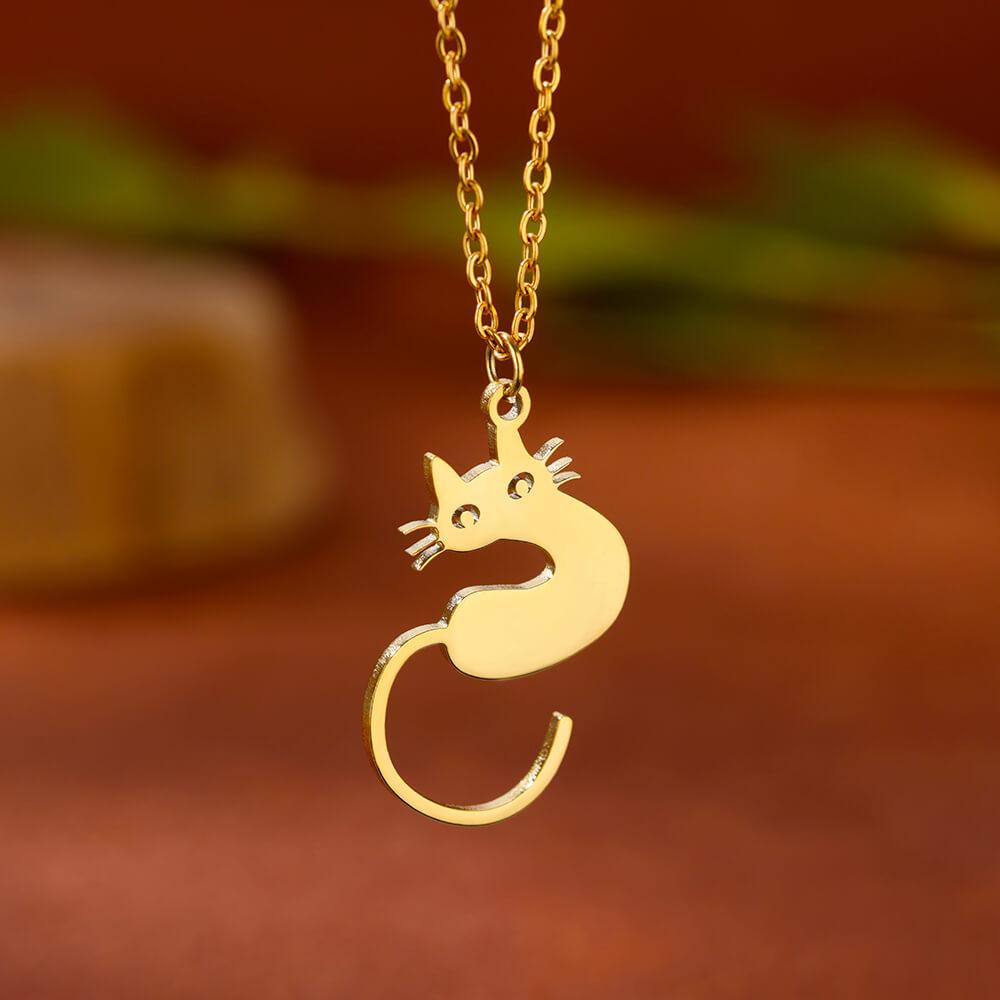 Stainless Steel Initial Letter Cat Pendant Necklace for Women Gold Color Animal Alphabet Necklaces Charm Fashion Jewelry Gifts