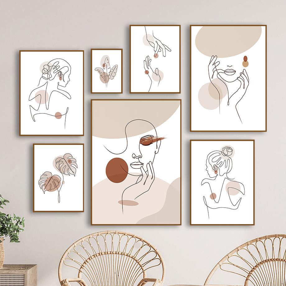 Linie Mädchen Gesicht Hände Blätter Abstrakt Nordische Poster Und Drucke Wandkunst Leinwandmalerei Bilder Für Wohnzimmer Heimdekoration