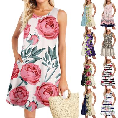 Rochii De Vară Pentru Femei Plajă Boho Fără Mâneci Imprimare Tricou Flux De Buzunar Tank Rochii de soare