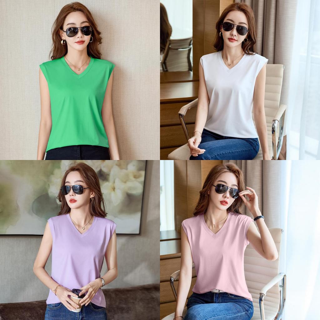 Silk Cotton Sleeveless Vneck T Shirt For Women With Breathable Fabric Summer Casual Wear