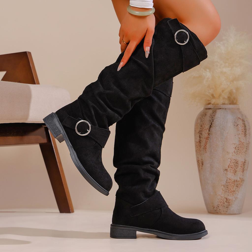 Plus Size Stacked Boots Women,Wrinkle Boots with Block Heel for Women
