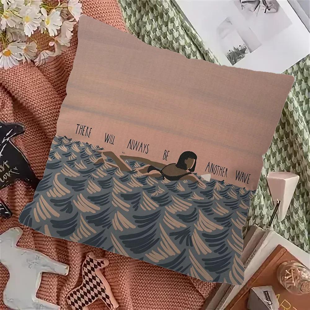 Home Decor Surfing Girl Motifs: Waves & Positive Sayings Pattern Cushion Cover Suitable for Sofa Bedroom Car Pillow Cover