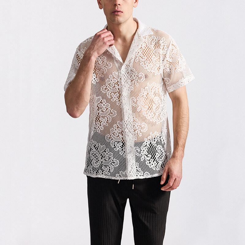 Summer Men's Mesh Lace Knit Short Sleeve Shirt Streetwear Hollow-Out Dance Perspective Shirts Nightclub Disco Performance Tops