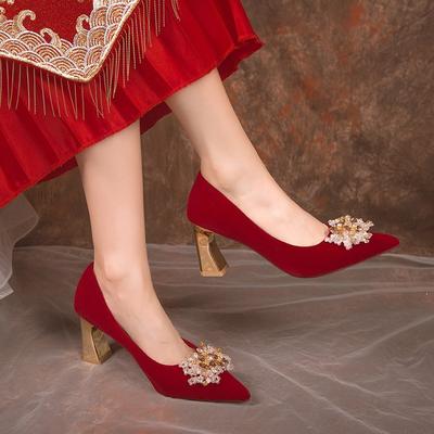 Wedding Shoes Women's Pointed Wedding Bride Shoes 2024 New Chinese Thick Heel Single Shoes Xiuhe Rhinestone Red High Heels
