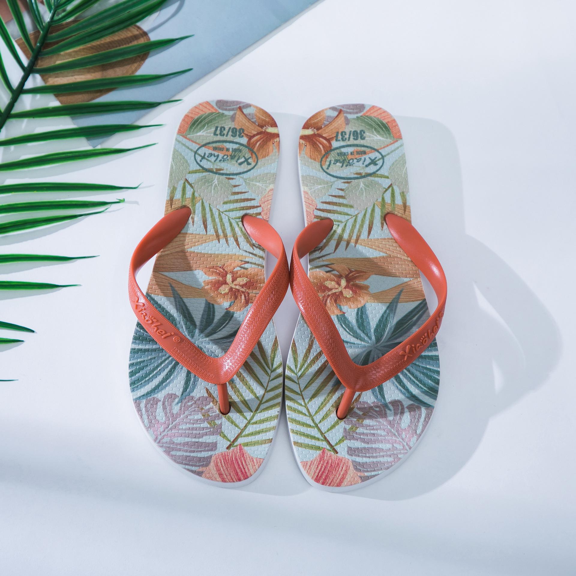 Flip-flops summer new fashion outer wear couple printing PVC blow bottom women s casual pinch foot beach slippers 3637 оранжевый 2199₽