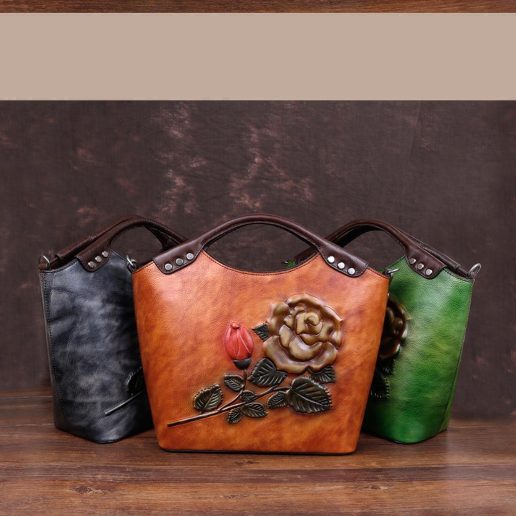 First layer cowhide Tote Large capacity rose bag vintage Tote bag