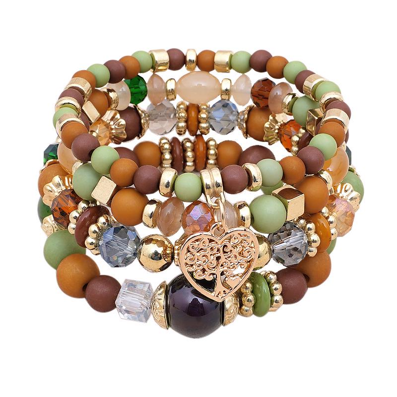 Bohemian Ethnic 4-Piece Bracelet Set: Multi-Layer Stackable with Peach Heart Tree Pendant & Acrylic Beads.