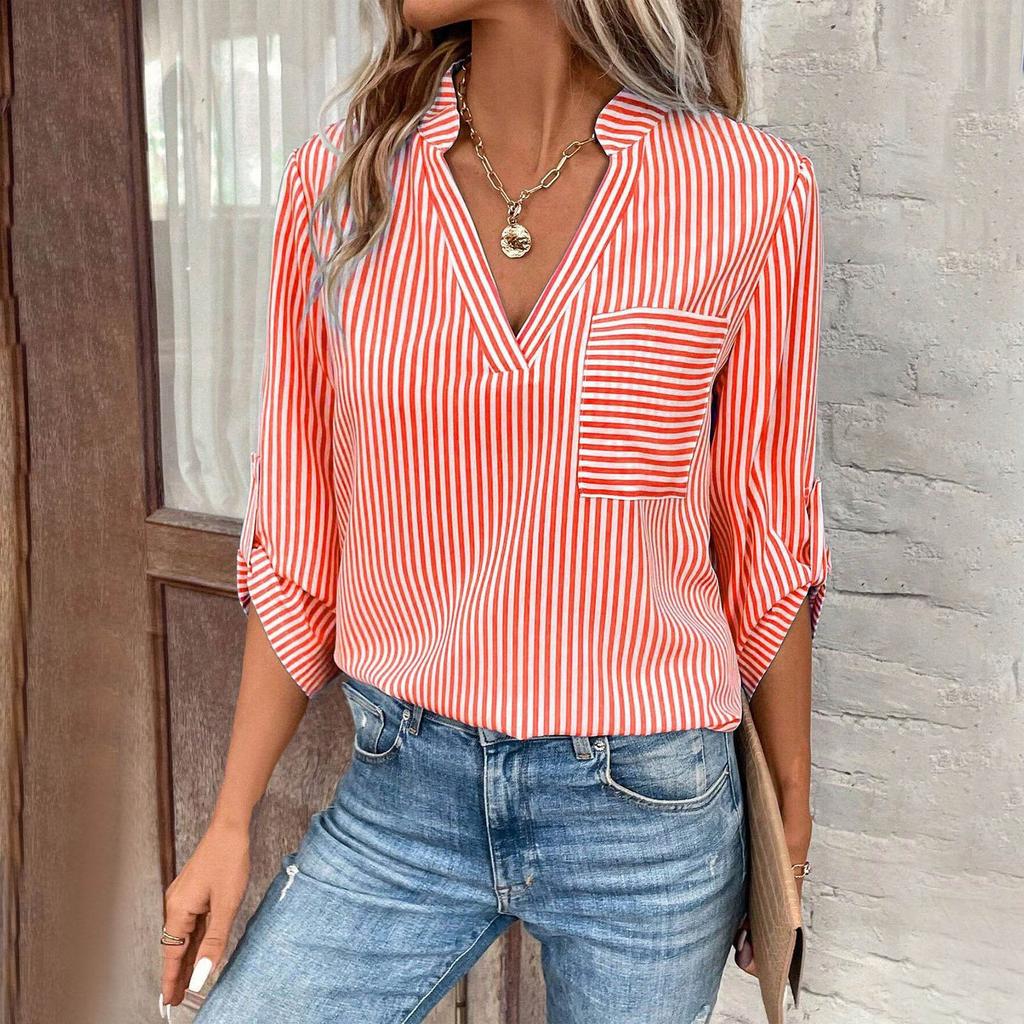 Women's V-neck Pullover Striped Printed Long Sleeved Casual Women's Shirt